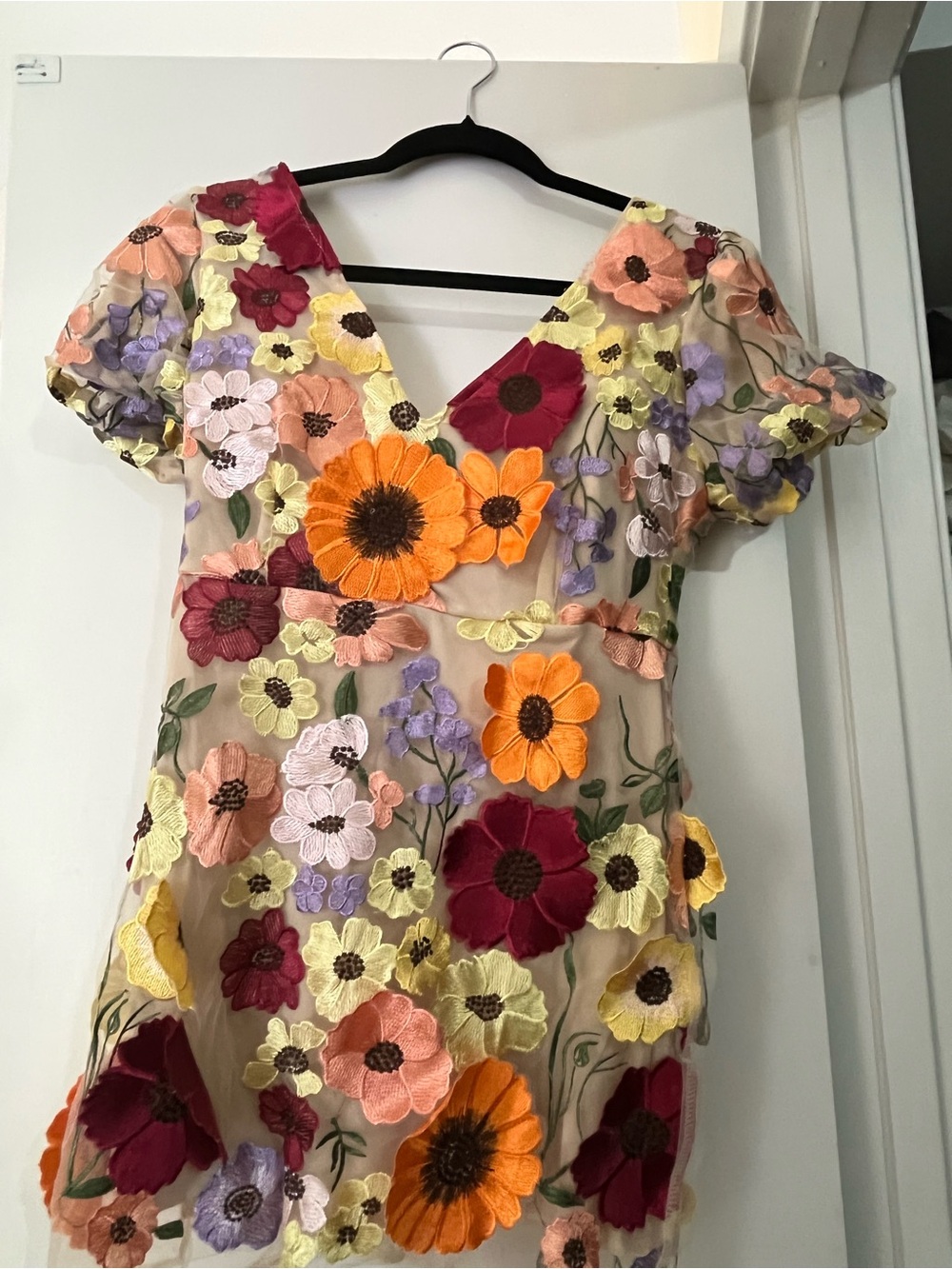 Floral Embroidered V‑Neck Mini Dress - Beige with Multi Floral Embroidery - Picture 2 of 7